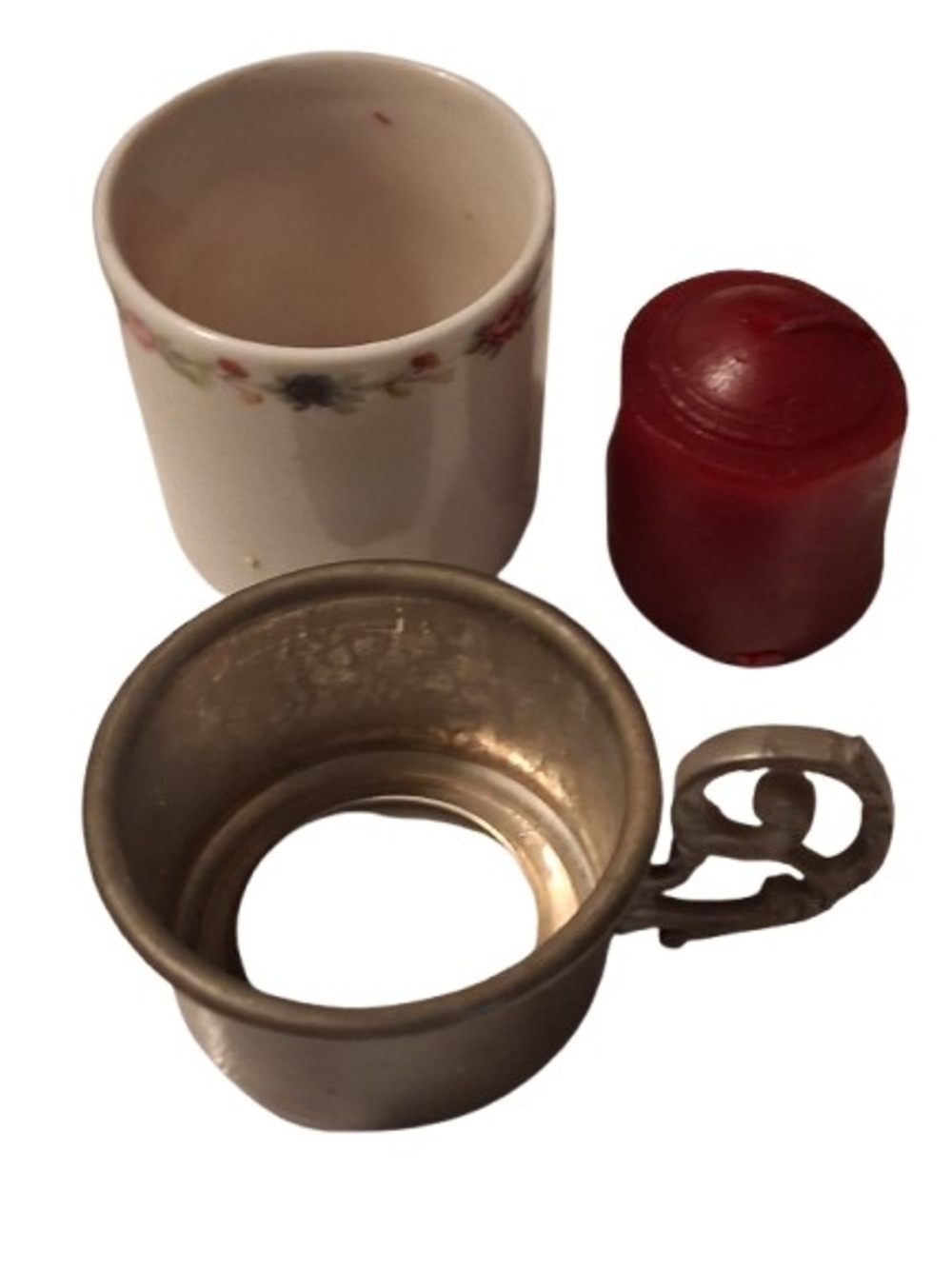 VTG Set Of 4 Tea Cups, Greman Porclien with Pewter Holder, 1960's Marked
